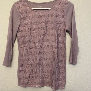 LOFT lavender purple lace 3/4 sleeve crew neck blouse top cotton casual  S